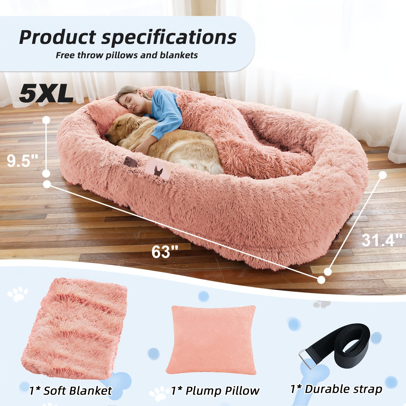 Orthopedic Human Dog Bed 71"x45"x12" Oval Washable Faux Fur Pet Bed with Plump Pillow, Blanket & Strap - Non-Slip Spa Design for All Dog Sizes, Grey, Cozy Nap Spot, Cozy Aesthetic, Durable Polyester, Home Lounging