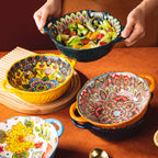 Yellow Green Wave Tree Pattern Flower Hand Painted Underglaze Binaural Ceramic Not Hot Hand Noodle Bowl Pi-Mart