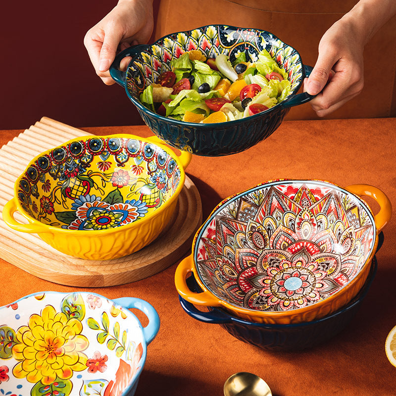 Yellow Green Wave Tree Pattern Flower Hand Painted Underglaze Binaural Ceramic Not Hot Hand Noodle Bowl Pi-Mart