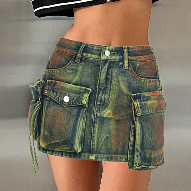 Make-old Three-dimensional Multi-pocket High Waist Denim Skirt. New Asymmetrical Casual A-line Mini Skirt for Women in Summer Purplish Diva