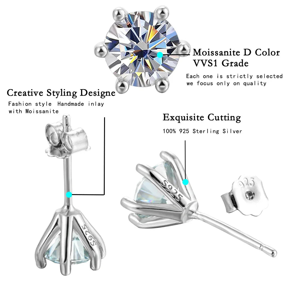 1ct Moissanite Stud Earrings For Women GRA Certified 18K White Gold Plated BandsCo Straps