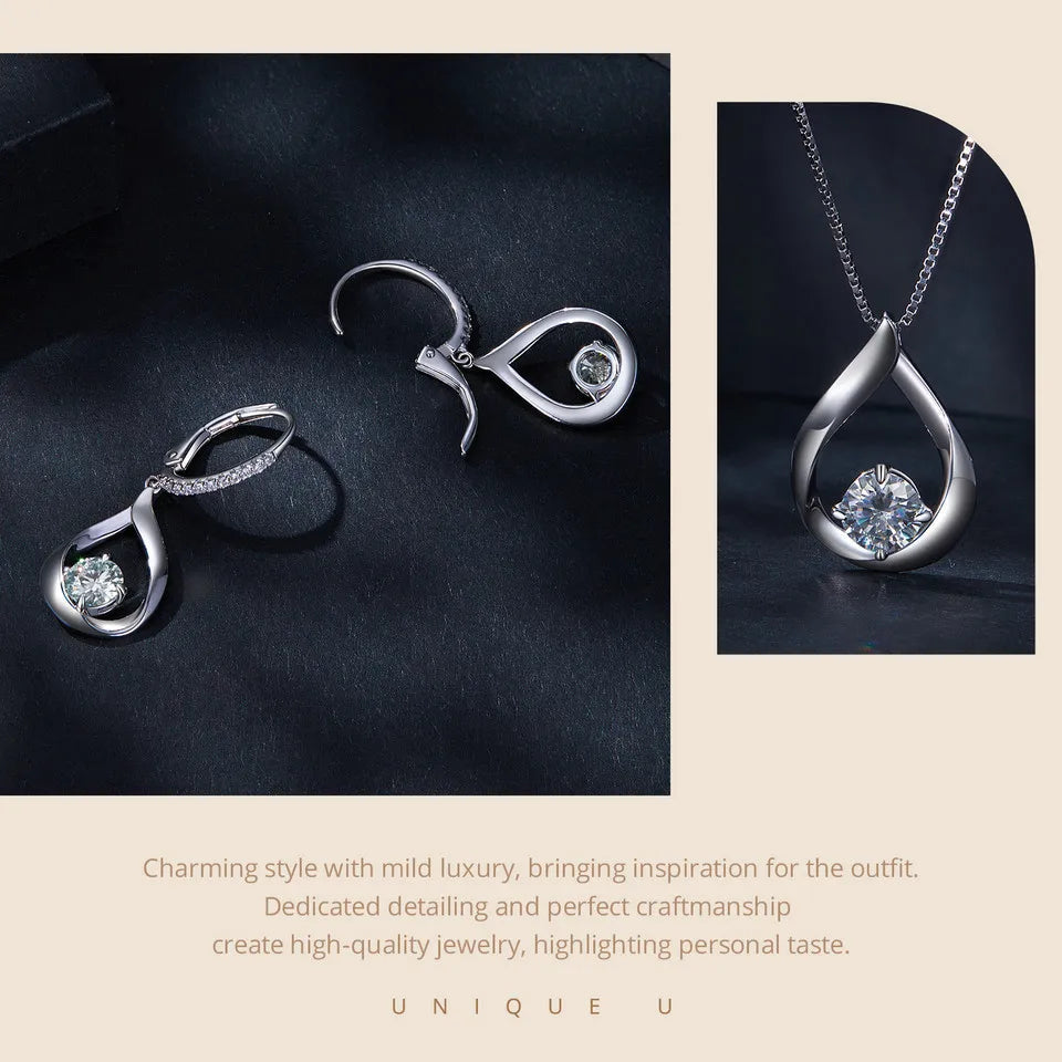 1CT Moissanite Waterdrop Necklace And Drop Earrings 925 Sterling Silver Wedding Bridal Jewelry Set BandsCo Straps