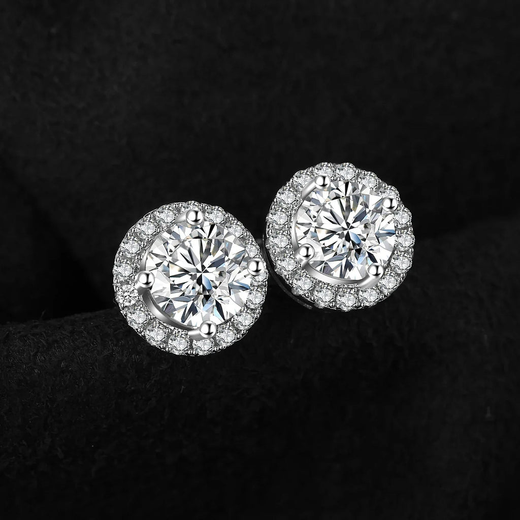 1ct Round D-Color Moissanite Halo Stud Earrings 925 Sterling Silver Plated BandsCo Straps