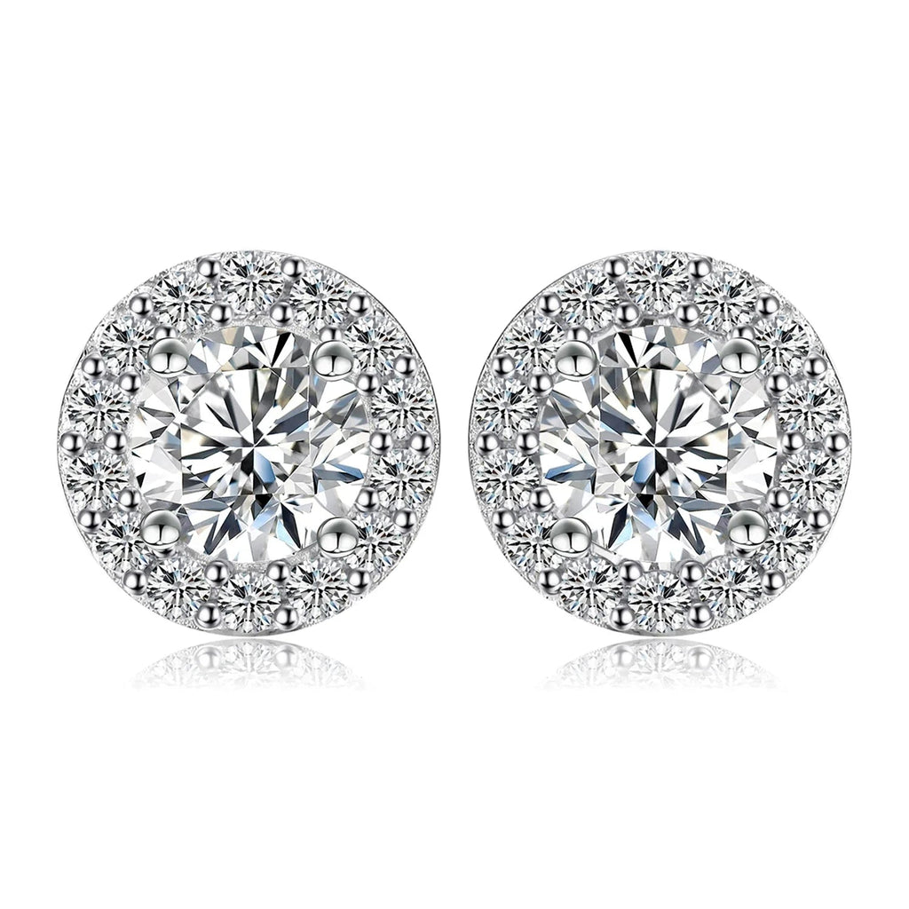 1ct Round D-Color Moissanite Halo Stud Earrings 925 Sterling Silver Plated BandsCo Straps