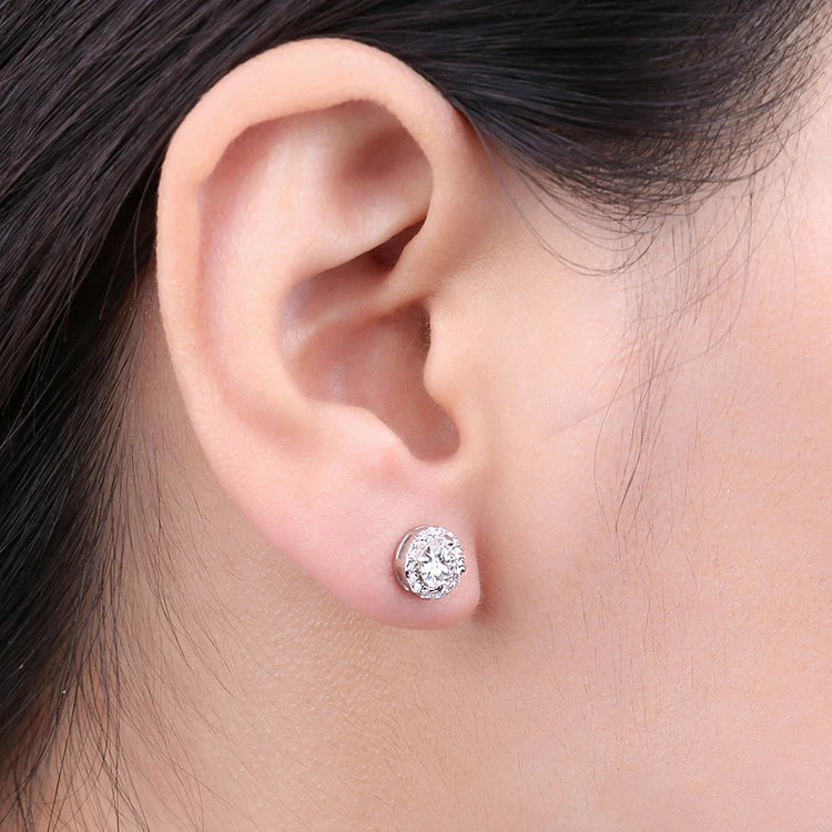 1ct Round D-Color Moissanite Halo Stud Earrings 925 Sterling Silver Plated BandsCo Straps