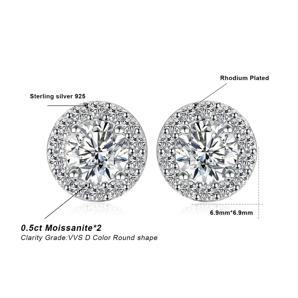 1ct Round D-Color Moissanite Halo Stud Earrings 925 Sterling Silver Plated BandsCo Straps