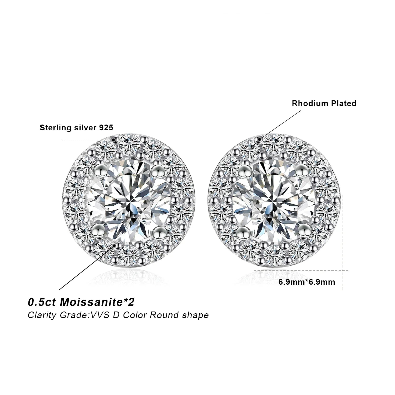 1ct Round D-Color Moissanite Halo Stud Earrings 925 Sterling Silver Plated BandsCo Straps