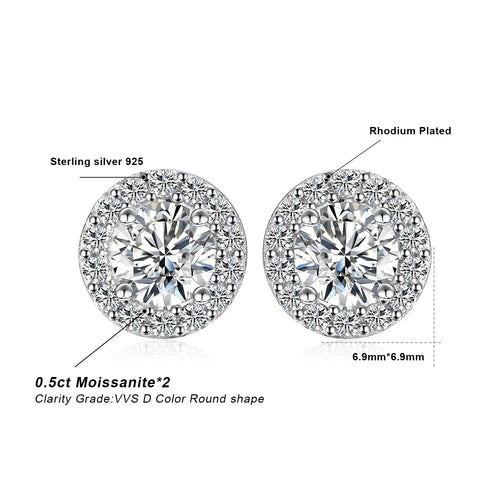 1ct Round D-Color Moissanite Halo Stud Earrings 925 Sterling Silver Plated BandsCo Straps