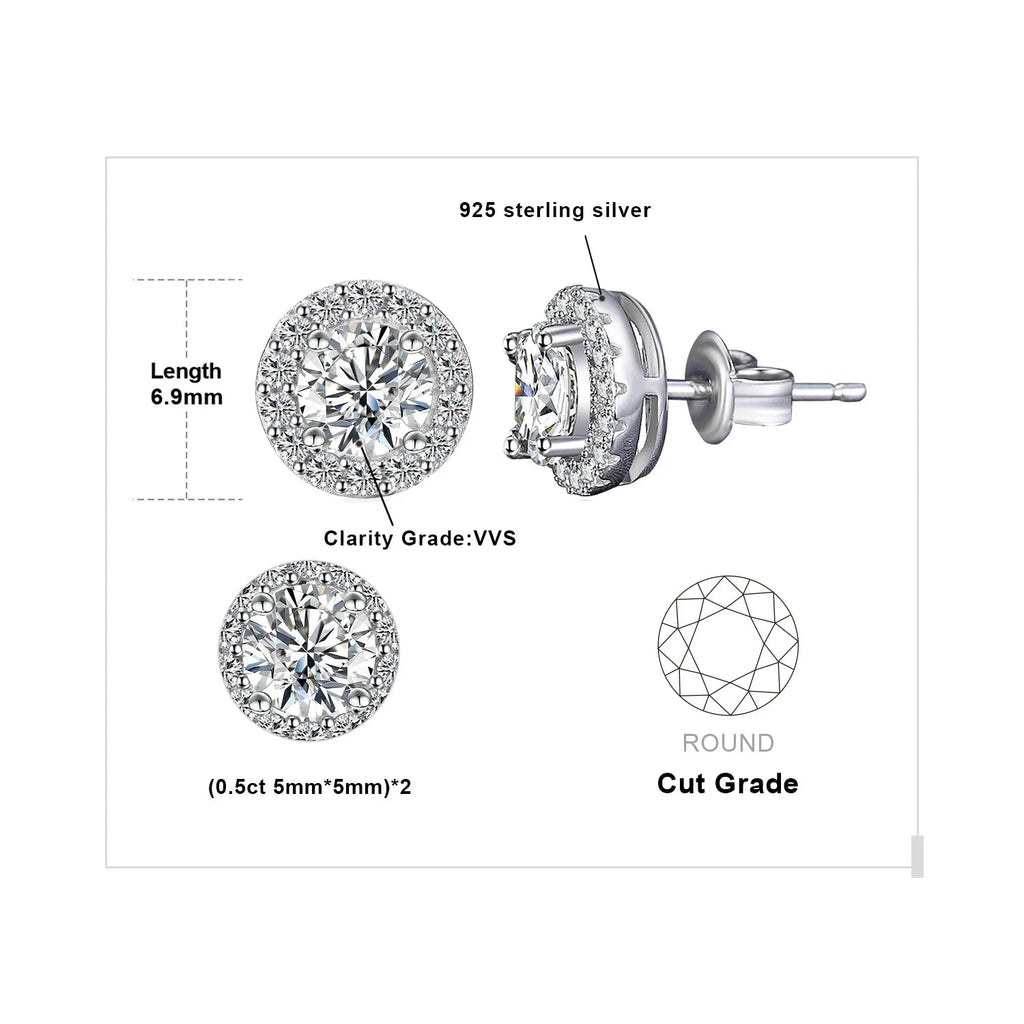 1ct Round D-Color Moissanite Halo Stud Earrings 925 Sterling Silver Plated BandsCo Straps