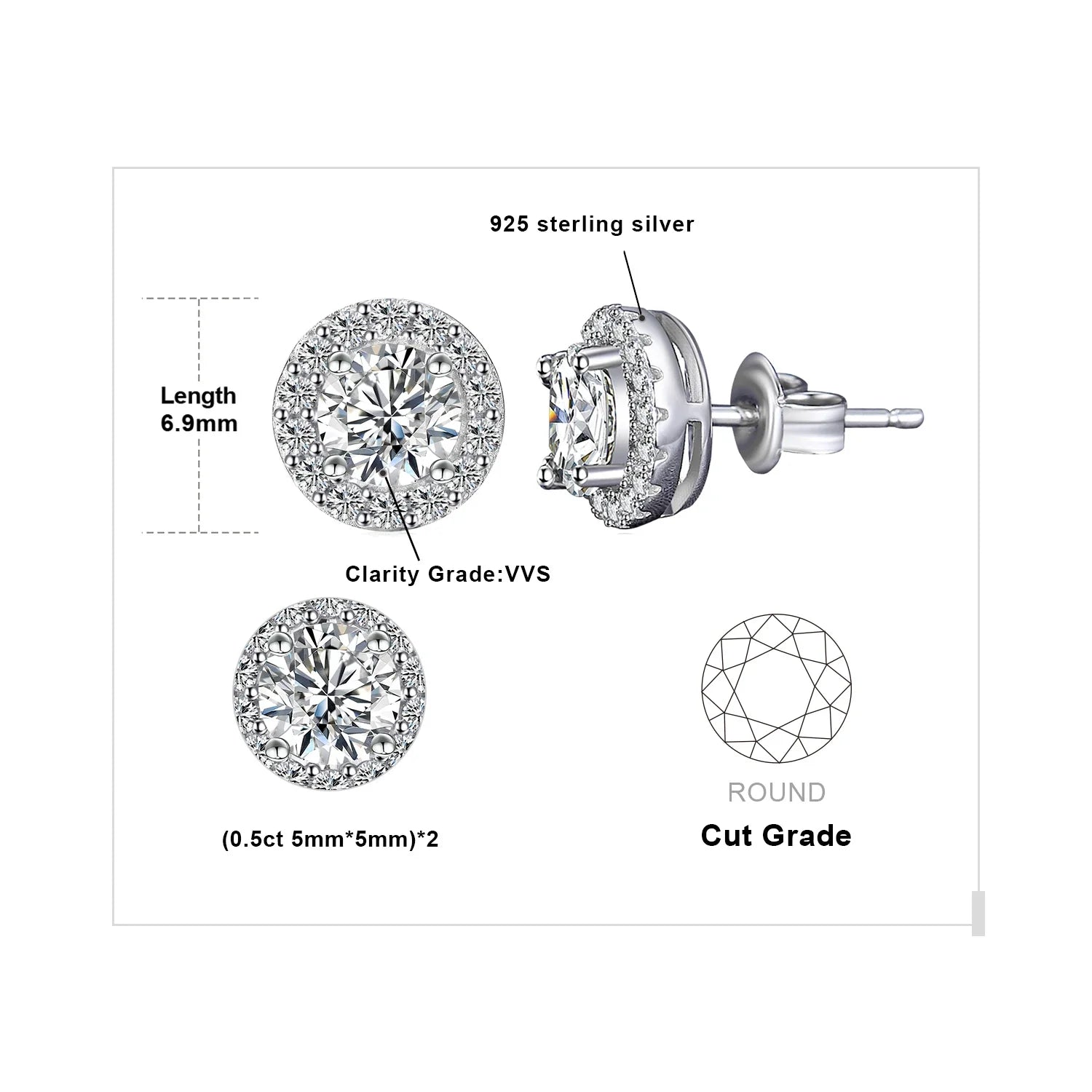1ct Round D-Color Moissanite Halo Stud Earrings 925 Sterling Silver Plated BandsCo Straps