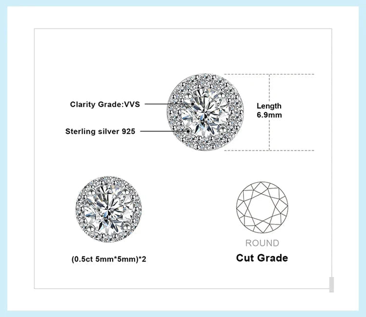 1ct Round D-Color Moissanite Halo Stud Earrings 925 Sterling Silver Plated BandsCo Straps