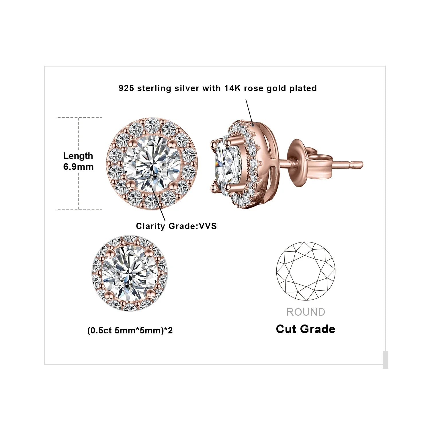 1ct Round D-Color Moissanite Halo Stud Earrings 925 Sterling Silver Plated BandsCo Straps