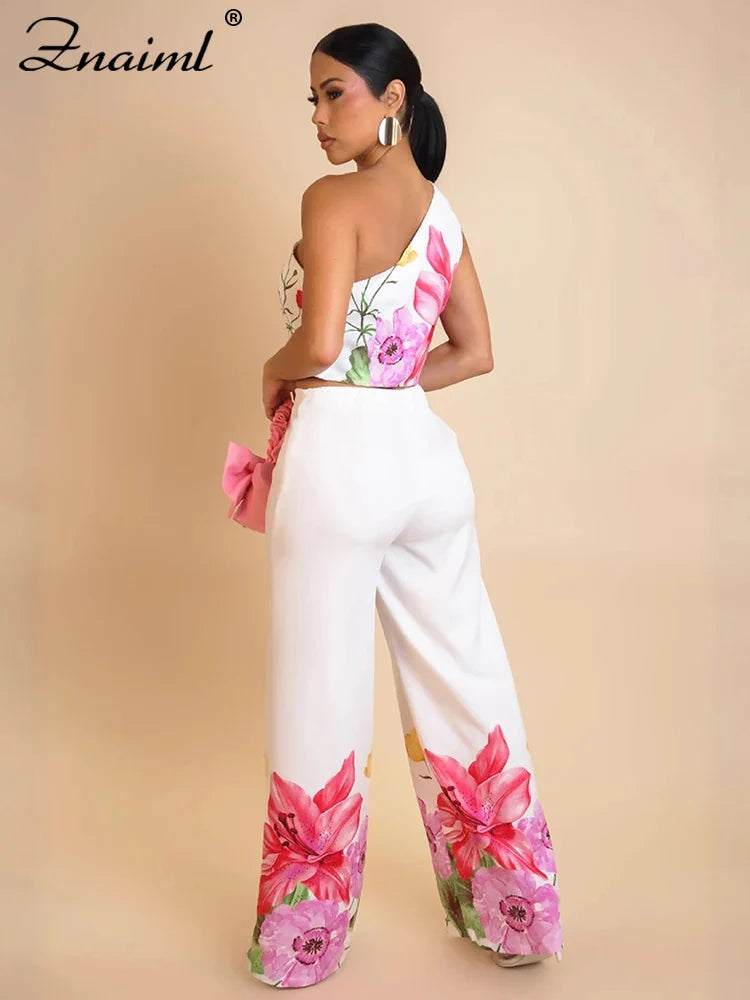 Znaiml Flower Print 2 Piece Pant Set Women Skew Collar Crop Tops and Wide Leg Pants Casual Summer Vacation Party Outfits 2025 Purplish Diva