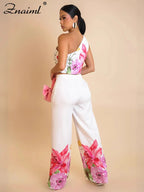 Znaiml Flower Print 2 Piece Pant Set Women Skew Collar Crop Tops and Wide Leg Pants Casual Summer Vacation Party Outfits 2025 Purplish Diva