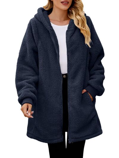 Comfortable Fuzzy Pocketed Zip-Up Long Sleeve Hooded Jacket Cozy & Warm Soft Outerwear For Winter Stevvex
