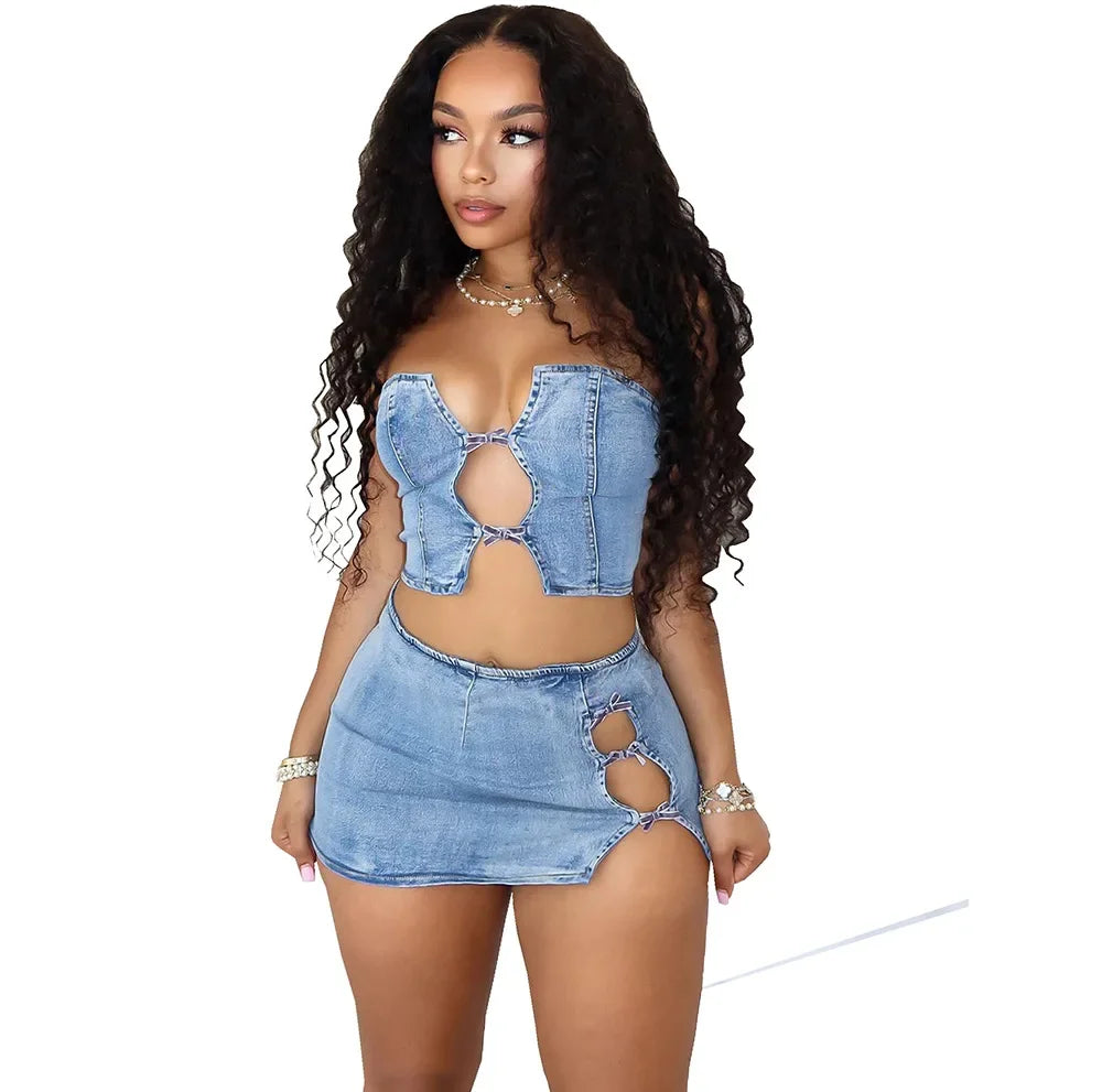 Sexy Denim Strapless Top Sleeveless Hollow Out Two Piece Sets Women Crop Tops Mini Skirt Cowboy Outfits Streetwear Skirts Suits Purplish Diva