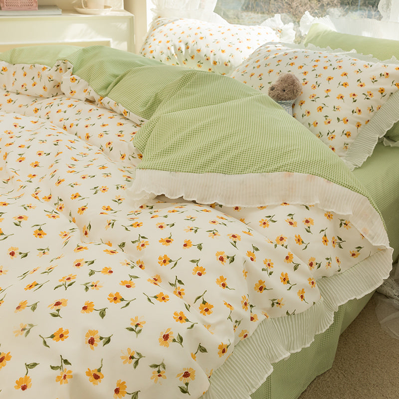 Washed Cotton Small Floral Quilt Cover, Four Piece Bed Sheet Set Pi-Mart