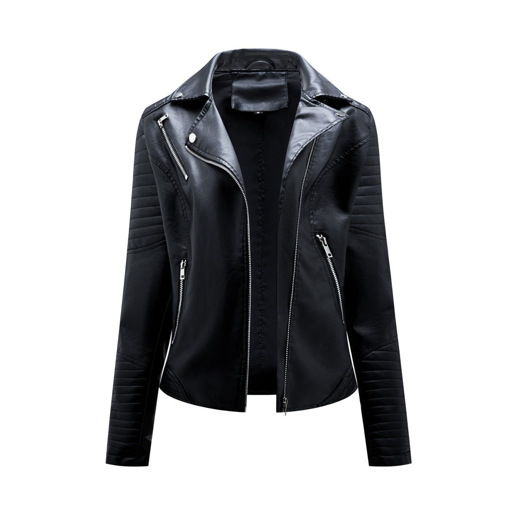 Short Leather Jacket Women's Lapel Motorcycle Oblique Zipper Jacket Pi-Mart
