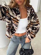 Geometric Fleece Zip-Up Jacket THRIXINE