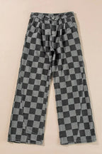 Dusk Blue Checkered Light Washed Wide Leg Jeans