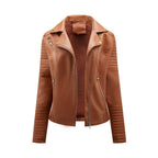 Short Leather Jacket Women's Lapel Motorcycle Oblique Zipper Jacket Pi-Mart