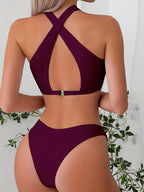 Bikini Criss Cross Neck 2 Piece High Cut Flattering Swimsuit for Women – Elegant Solid Color Bikini Set with Stretchy Cross Strap Detailing – Comfortable and Stylish Swimwear for Poolside Lounging Beach Days & Summer Vacations