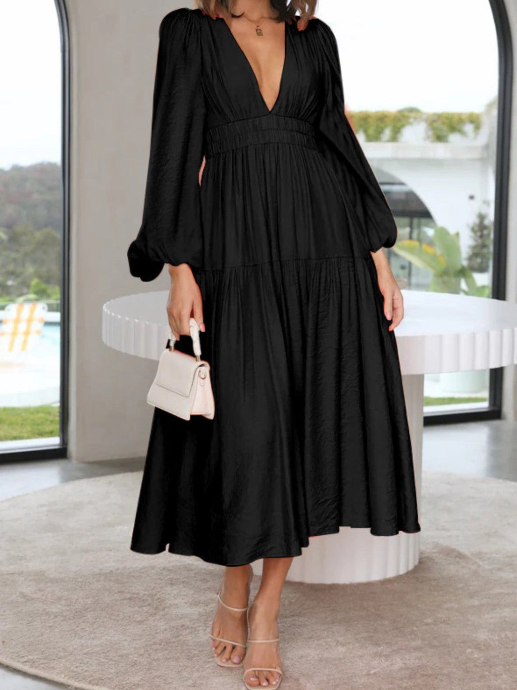 Lightweight Deep V-Neck Balloon Sleeve Maxi Dress Elegant & Flowing Silhouette Unique Dress