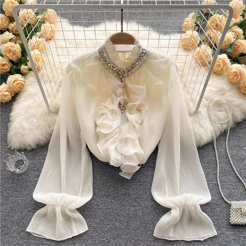French Elegant Shirts Women Design Diamonds Loose Casual Tops Long Sleeve Ruffles Gentle Office Lady Blouses Spring Purplish Diva