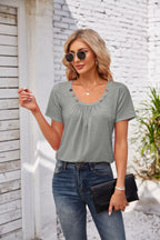 Women's Short-sleeved T-shirt Summer Button Square Collar Pleated Design Solid Color Loose T-shirt Womens Clothing Pi-Mart