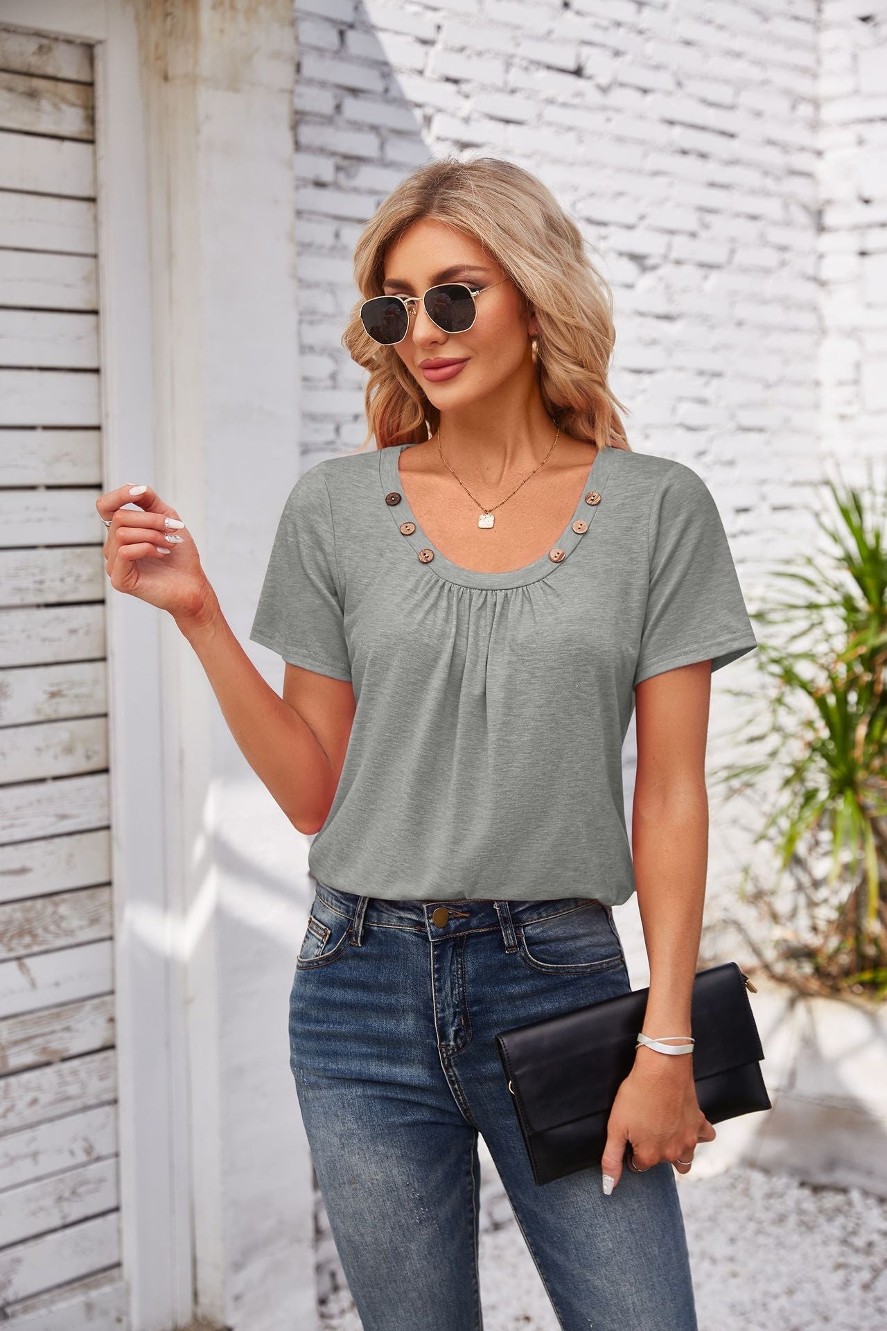 Women's Short-sleeved T-shirt Summer Button Square Collar Pleated Design Solid Color Loose T-shirt Womens Clothing Pi-Mart
