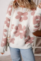 White Vintage Flower Drop Shoulder Loose Sweater