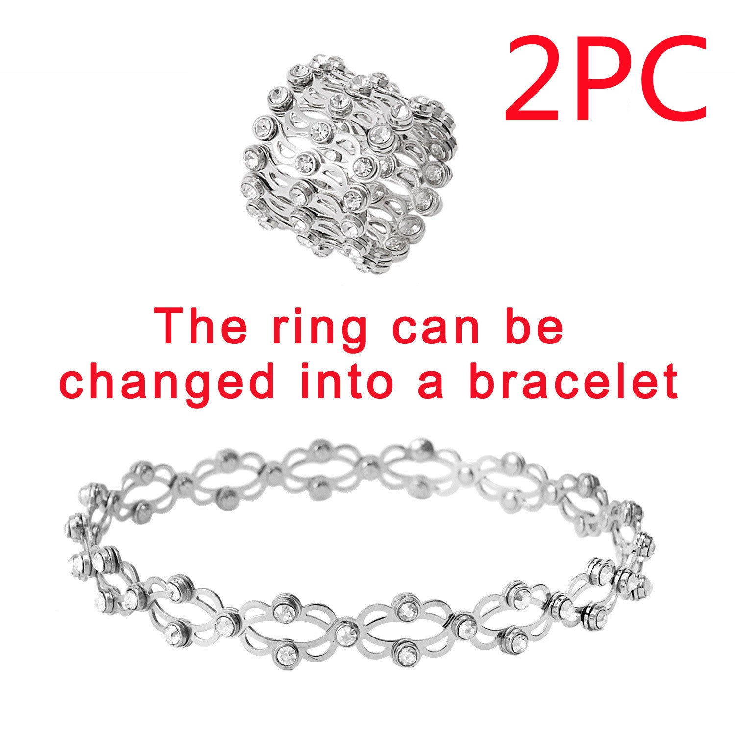 2 In 1 Folding Retractable Rings Bracelet Magic Rhinestone Rings Deformable Bracelet Women Ins Style Adjustable Fashion Jewelry Pi-Mart