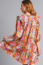 Full Size Ruffled Flower Print Tie Neck Tiered Dress For Women – Fluttering, Floral Tiered Dress with Elegant Tie Neck and Ruffled Details