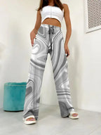 Ladies' Contrasting Printed Waist Strap Details, Loose Pleated Casual Style Wide Leg Pants - SJB-DIAMOND ELITES