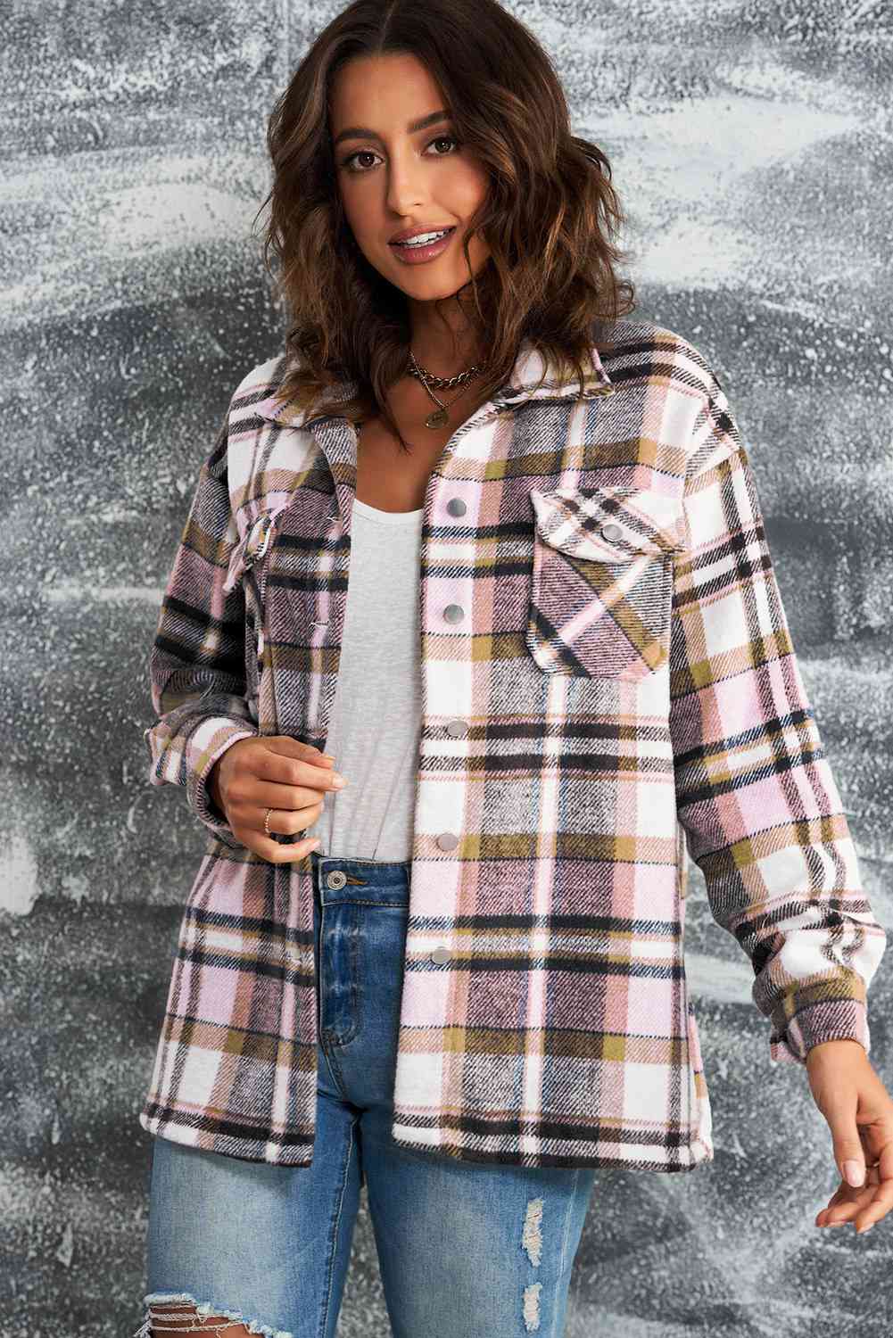 Classic Plaid Button Front Shirt Jacket with Breast Pockets Casual & Minimalist Outerwear Stevvex