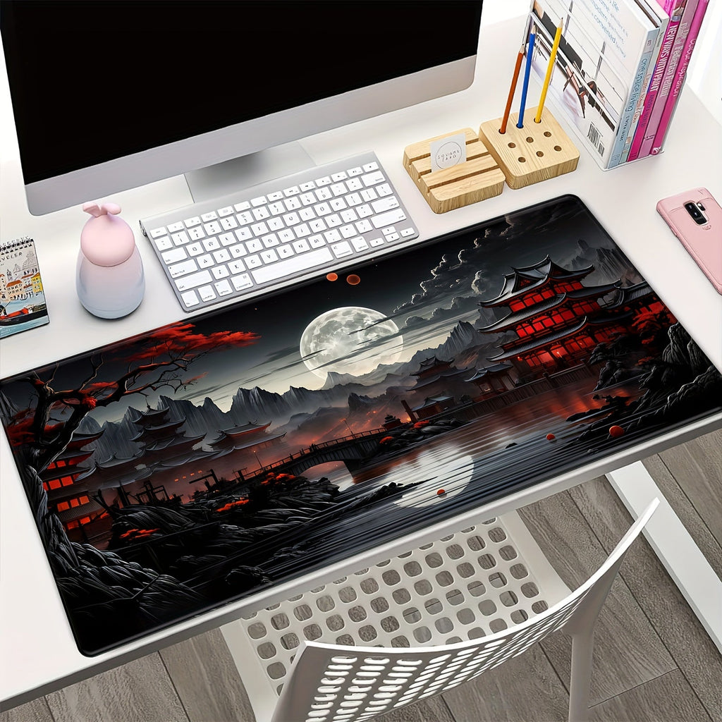 Japanese Style Full Moon River Landscape Desk Mat, Non-Slip Rubber Gaming Mouse Pad, Extended Keyboard Mat for Office and Home Decor, 35.4 x 15.7 Inches Lootquake LLC