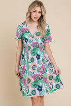 Ruched Floral V-Neck Short Sleeve Summer Dress – Flattering and Feminine Dress with a Chic V-Neckline and Ruched Detailing Stevvex
