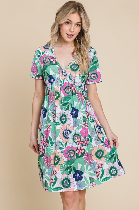Ruched Floral V-Neck Short Sleeve Summer Dress – Flattering and Feminine Dress with a Chic V-Neckline and Ruched Detailing Stevvex