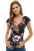 Floral Print Peasant Puff Sleeve Bodysuit USA - Femstylo