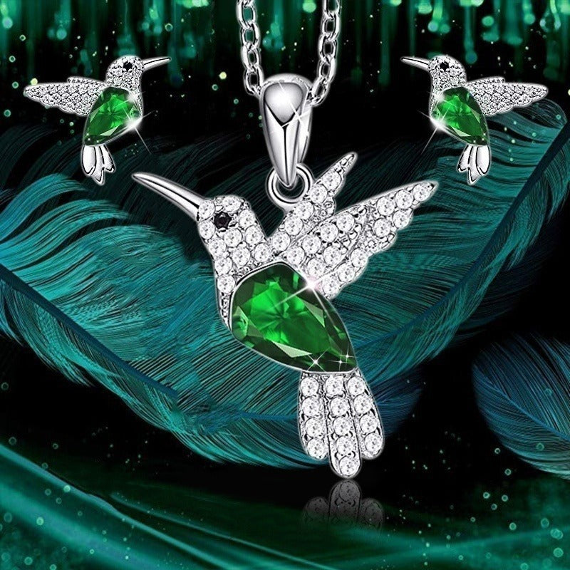 Hummingbird Jewelry Set Silver Plated Chain Necklace Stud Pi-Mart