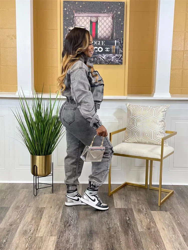 Wmstar Denim Two Piece Set Women Jacket Coat Top Jeans Cargo Pants Cool New in Winter Matching Clothes Wholesale Dropshipping Purplish Diva