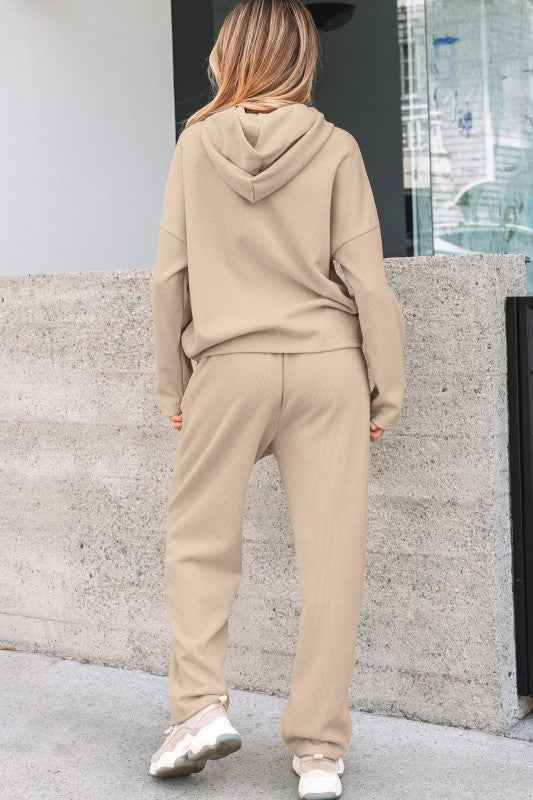 Solid Corduroy Lace Hoodie and Pants Set THRIXINE