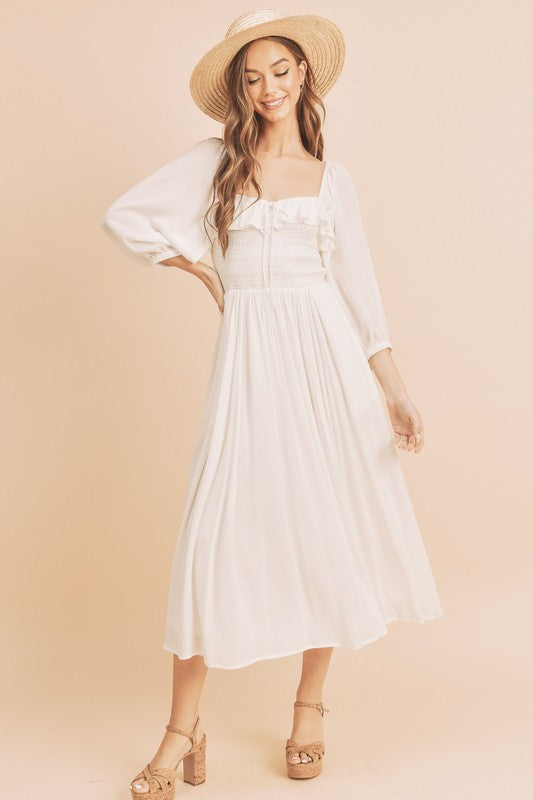 New Summer Ruffled Smocked Square Neck Balloon Sleeve Comfortable Dress – Feminine, Chic, and Elegant for Any Occasion Stevvex