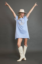 Peace Plaid Applique Short Sleeve Mini Dress – Chic and Stylish Plaid Dress with Applique Detailing for a Trendy and Versatile Look Stevvex