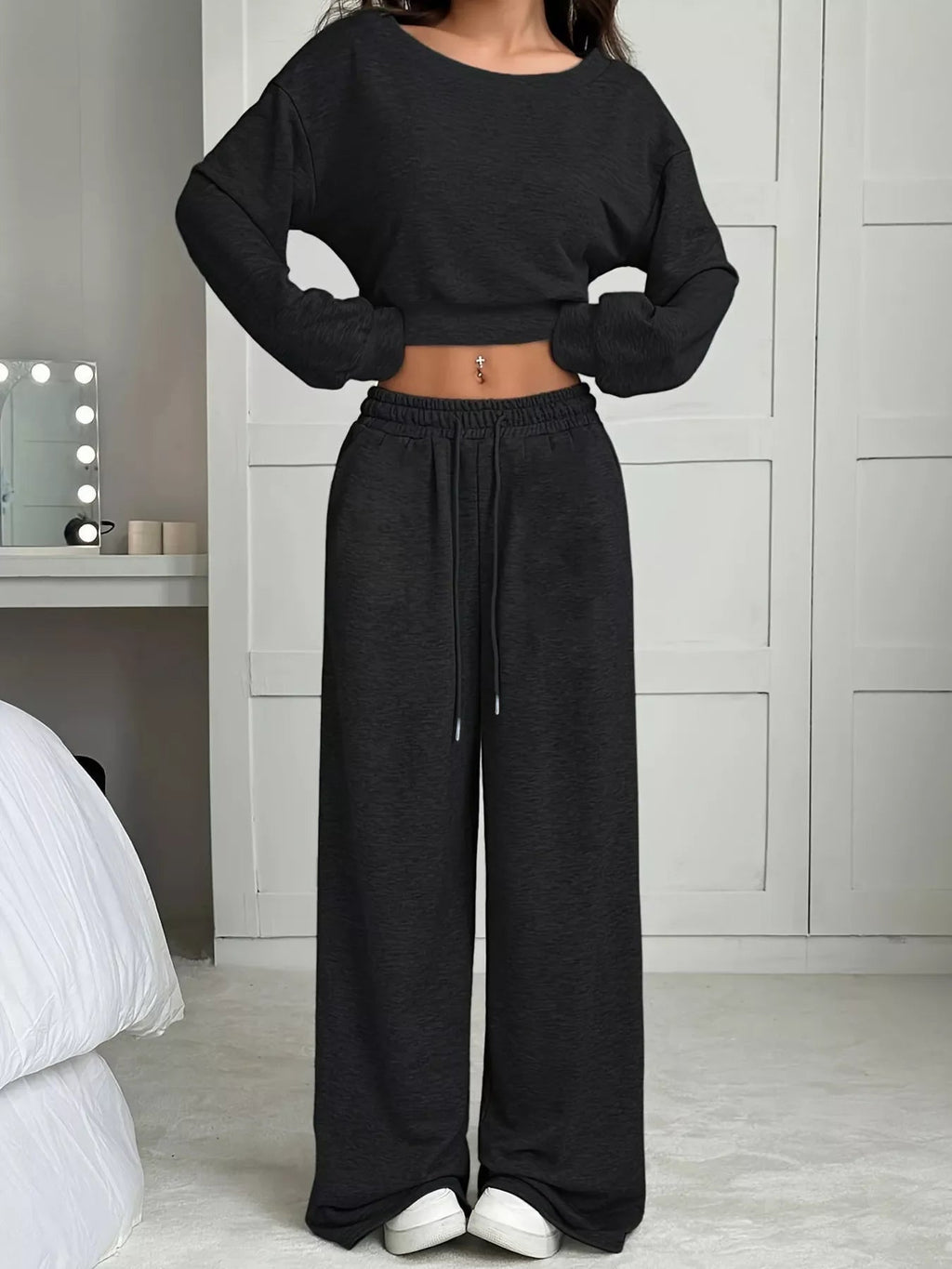 Boat Neck Long Sleeve Top and Pants Set THRIXINE