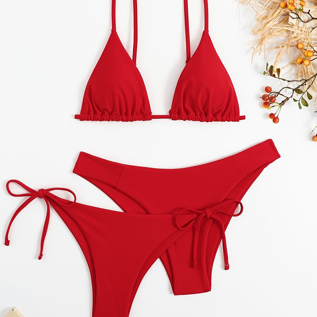 Essential Edge 3-Piece Bikini Set for Women – Solid Color High-Cut Triangle Top Two-Style Bottoms with Side Lace-Up Design & Quick-Drying Comfort – Versatile Women's Swimwear for Summer Pool Beach & Travel Stevvex