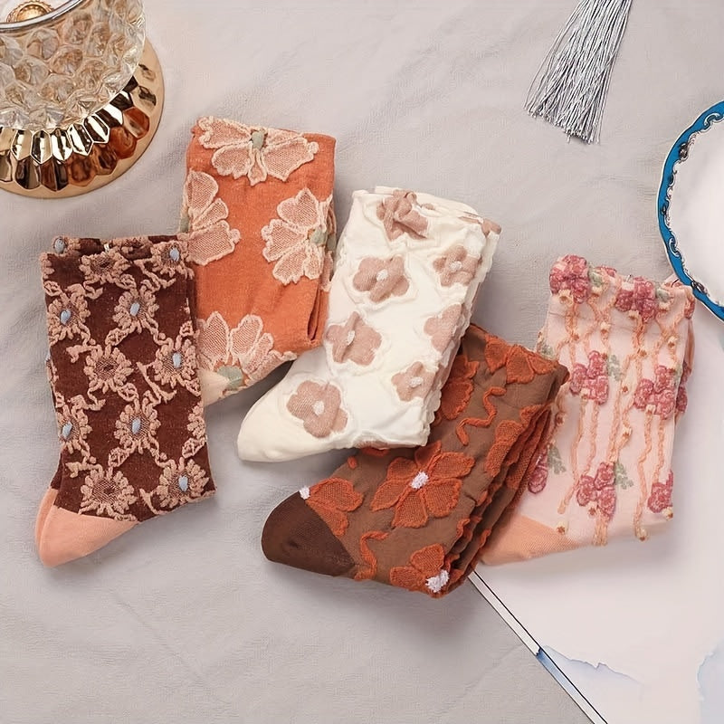 5 Pairs Floral Print Socks, Comfy & Breathable Mid Tube Socks, Women's Stockings & Hosiery Lootquake LLC