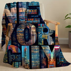 New York City Skyline Reversible Chunky Knit Throw Blanket - Contemporary Polyester Fantasy Design with Soft Comfort for All Seasons