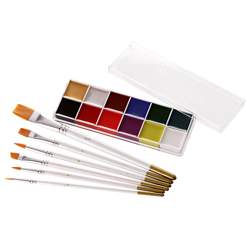 Fit Colors 12 Colors Face Paint Water Soluble Human Body Paints Halloween Masquerade Makeup Palette Brush Pi-Mart