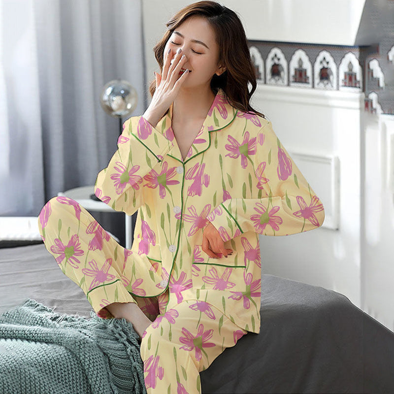 Elegant Women's Autumn And Winter Cotton-like Long Pajamas Two-piece Set Pi-Mart